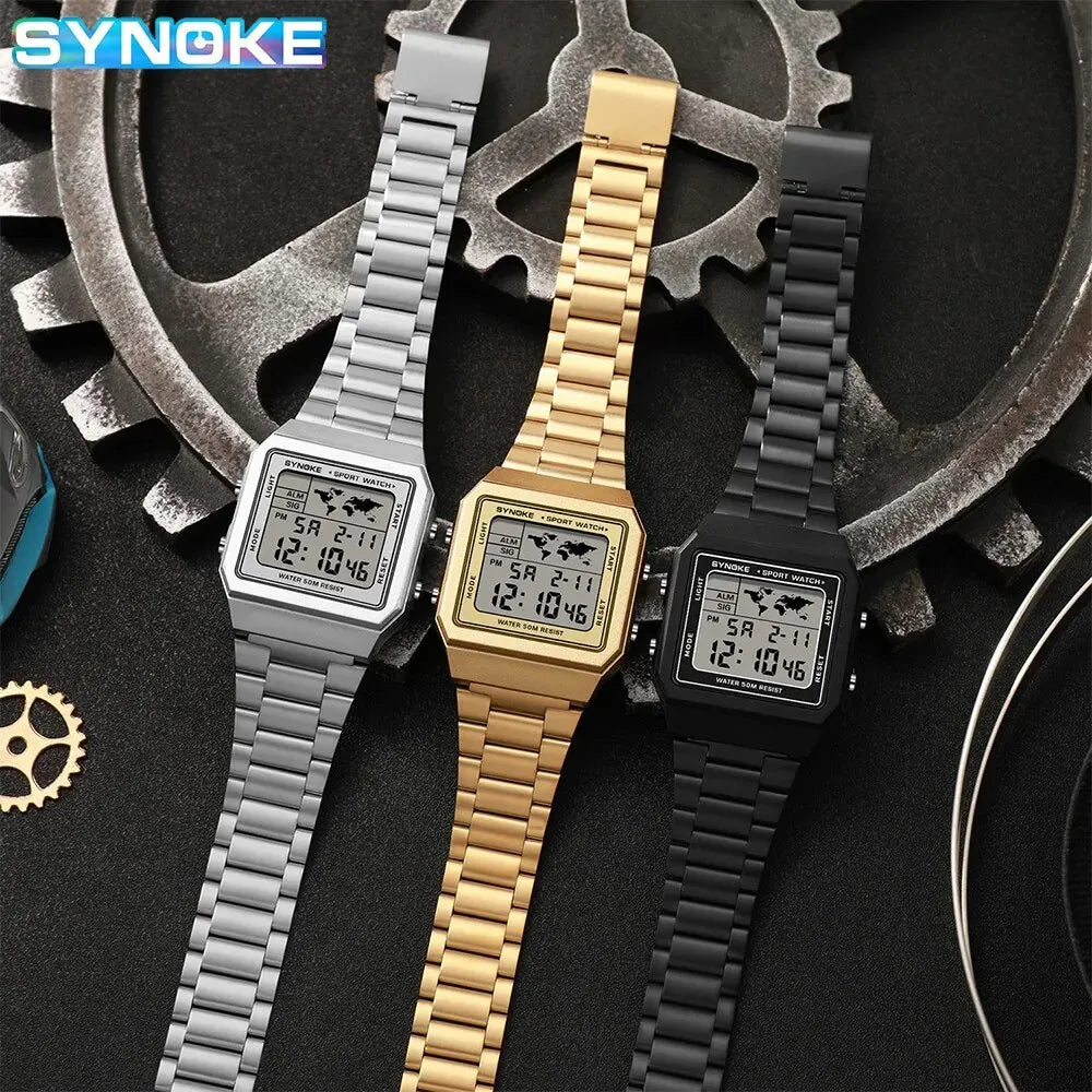 Reloj de acero inoxidable para hombre, cronógrafo de pulsera Digital con pantalla de luz trasera, resistente al agua, 5bar