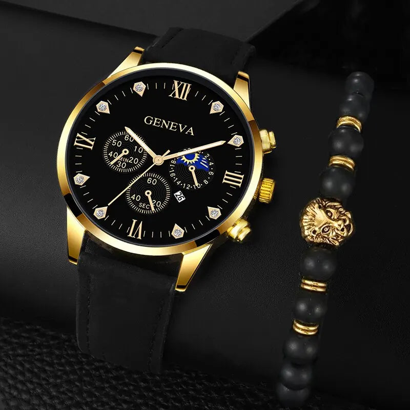 Reloj de pulsera de cuarzo para hombre, conjunto de 2 piezas, con puntero redondo y calendario