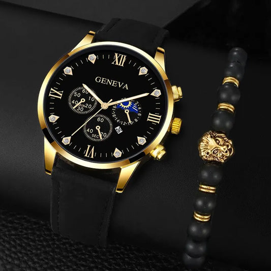 Reloj de pulsera de cuarzo para hombre, conjunto de 2 piezas, con puntero redondo y calendario