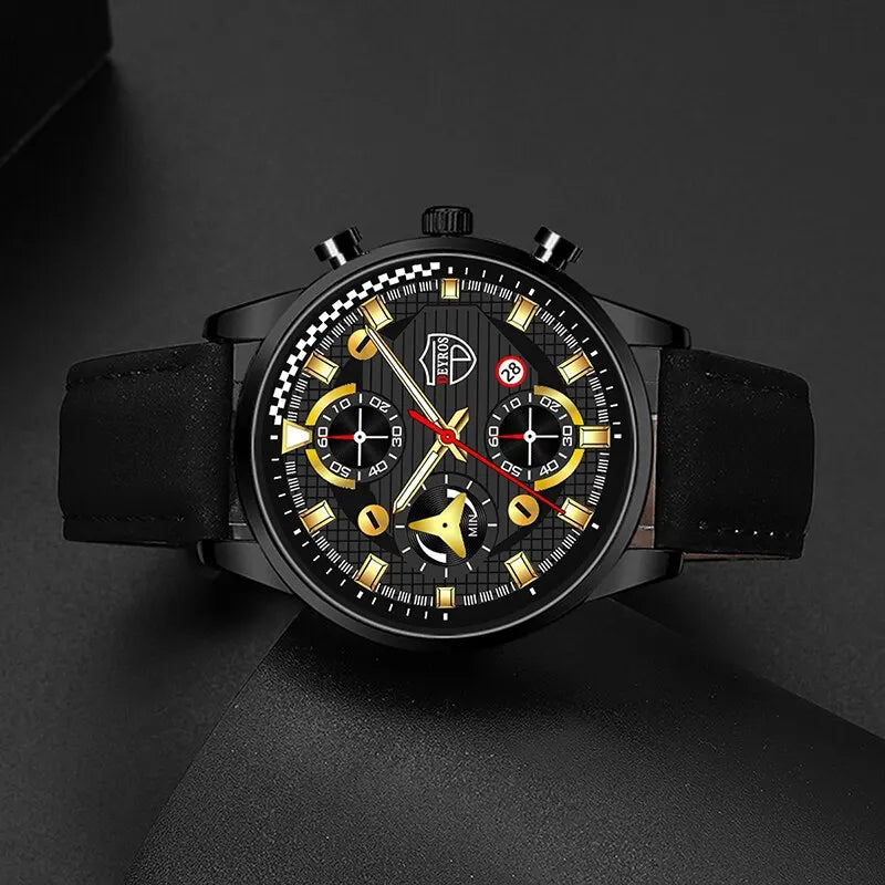 Conjunto de 3 piezas para hombre, reloj de pulsera de cuarzo, pulsera de cuero clásico, collar casual y divertido