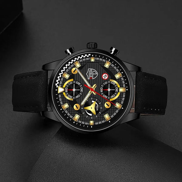 Conjunto de 3 piezas para hombre, reloj de pulsera de cuarzo, pulsera de cuero clásico, collar casual y divertido
