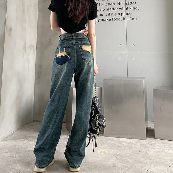 Pantalones vaqueros de pierna ancha para mujer, pantalón de pierna recta contrastante de cintura alta, pantalones sueltos de otoño para mujer, ropa de calle