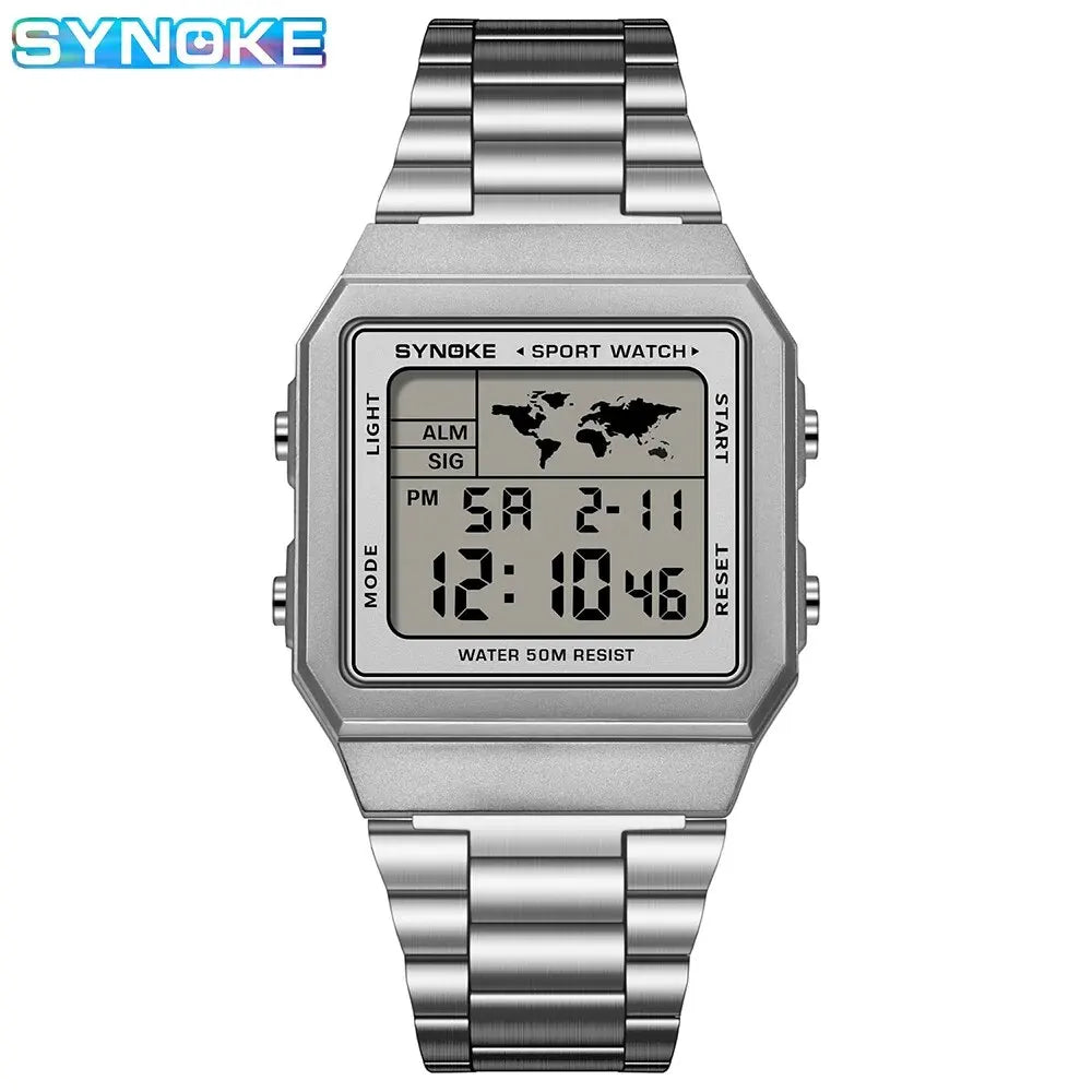 Reloj de acero inoxidable para hombre, cronógrafo de pulsera Digital con pantalla de luz trasera, resistente al agua, 5bar