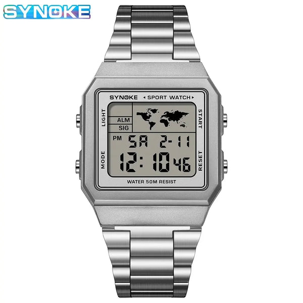 Reloj de acero inoxidable para hombre, cronógrafo de pulsera Digital con pantalla de luz trasera, resistente al agua, 5bar