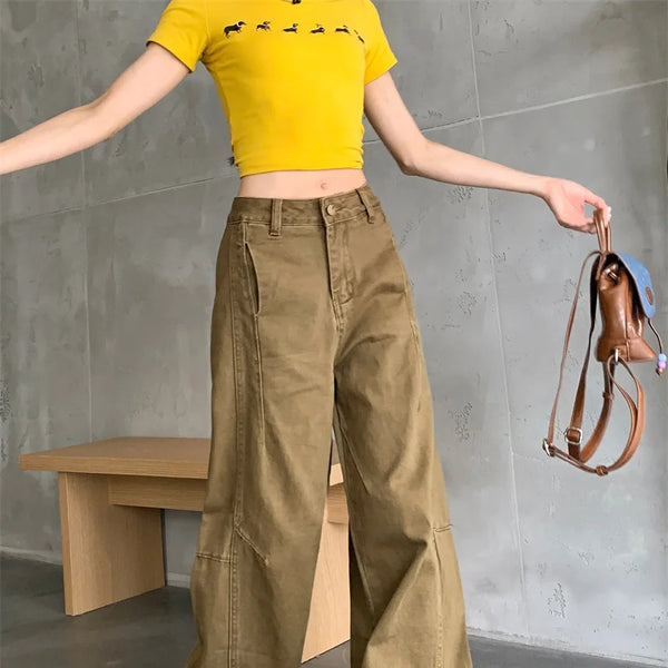 Pantalon vaquero de verano para mujer, pantalones vaqueros de color caqui de gran tamaño, pantalones drapeados de pierna ancha y cintura alta, estilo callejero americano