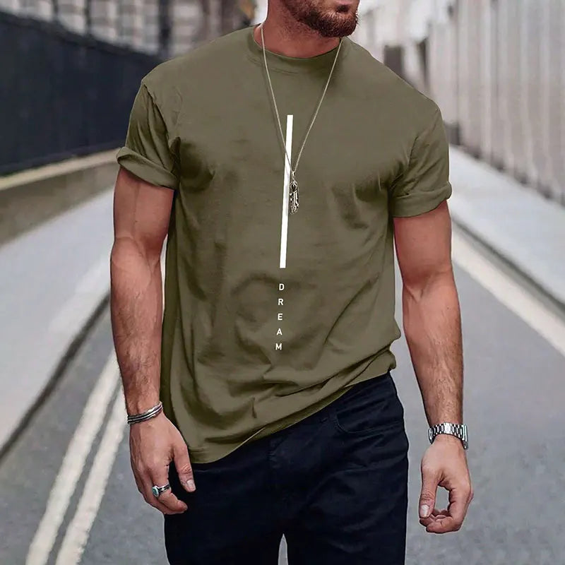 ¡Novedades 2025! Camiseta de manga corta negra pura con letras sencillas estampadas con cuello redondo, camiseta informal para hombre con temperamento para Calle