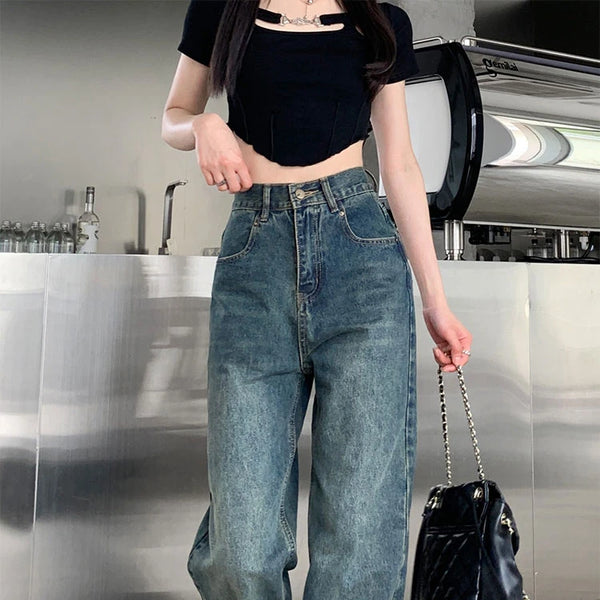 Pantalones vaqueros de pierna ancha para mujer, pantalón de pierna recta contrastante de cintura alta, pantalones sueltos de otoño para mujer, ropa de calle