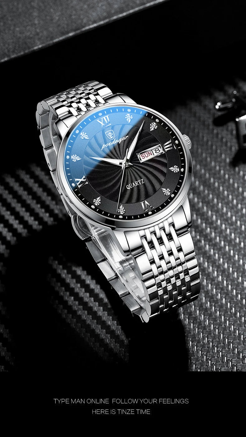 Reloj de lujo para hombre, reloj de pulsera de cuarzo resistente al agua con fecha luminosa y semana, reloj deportivo de moda de acero inoxidable para hombre