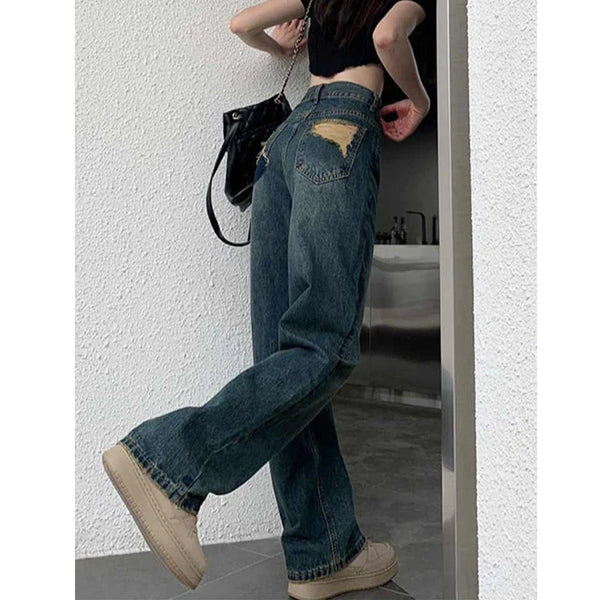 Pantalones vaqueros de pierna ancha para mujer, pantalón de pierna recta contrastante de cintura alta, pantalones sueltos de otoño para mujer, ropa de calle