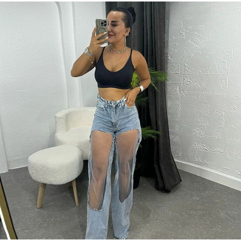 Pantalon vaquero de diseñador para mujer, pantalones vaqueros con paneles hasta la rodilla de malla transparente, pantalones de calle de cintura alta desgastados estilo Hip Hop