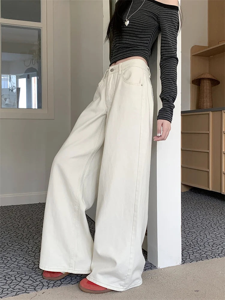Pantalones vaqueros holgados blancos para mujer, nueva moda coreana informal Y2k, pantalones vaqueros holgados de cintura