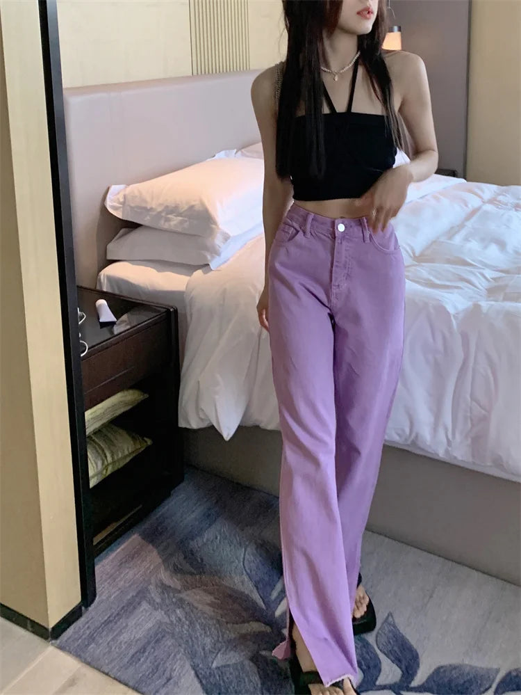 Pantalon Jean de tendencia para mujer, Pantalones vaqueros rasgados con hendidura casuales sueltos de pierna recta de cintura alta