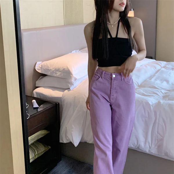 Pantalon Jean de tendencia para mujer, Pantalones vaqueros rasgados con hendidura casuales sueltos de pierna recta de cintura alta