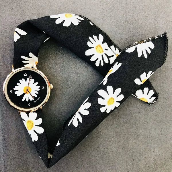 Reloj de cuarzo con correa única de tela de margaritas para mujer - Reloj casual de moda con diseño de girasol