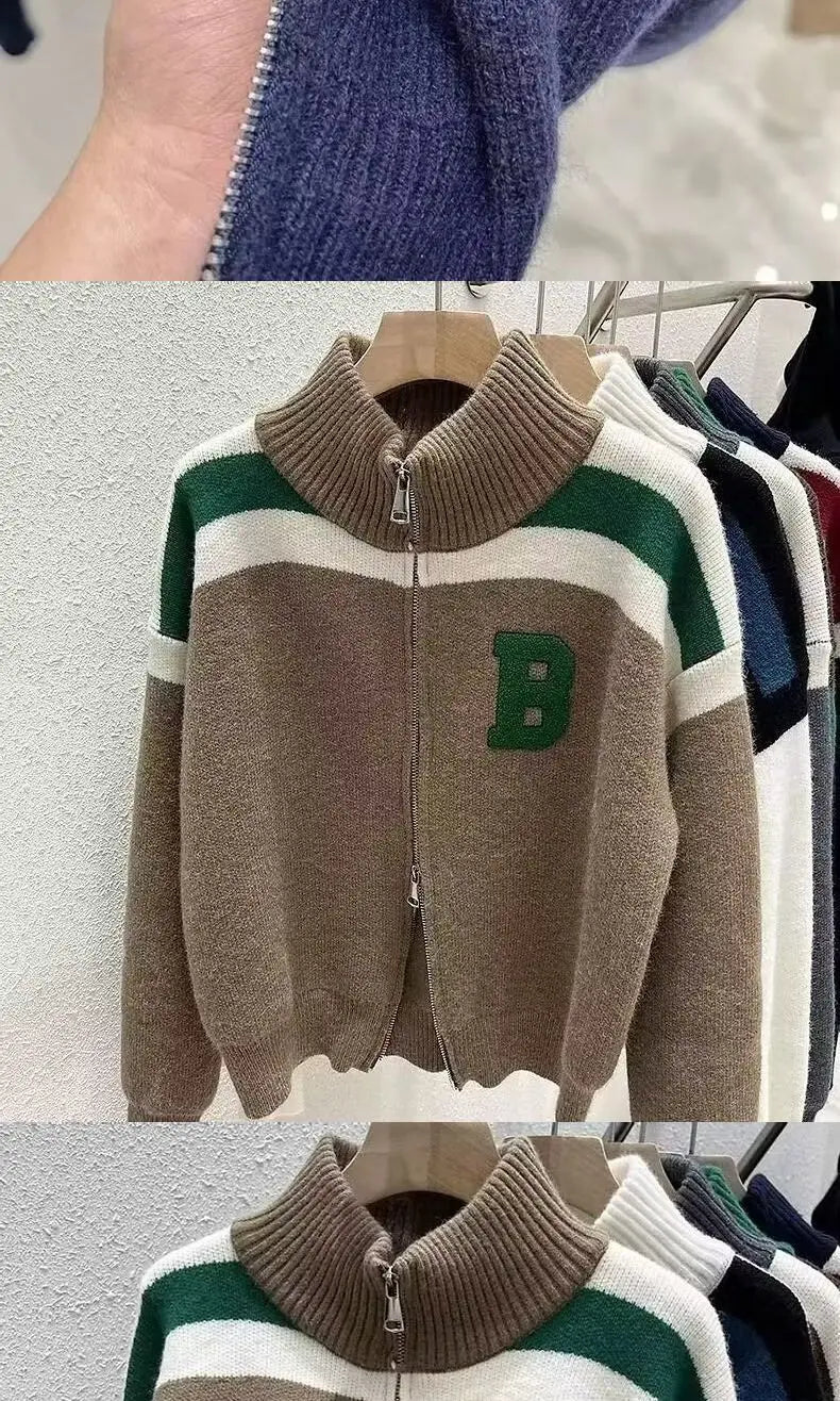 Cárdigan tejido con cuello de media altura y cremallera, suéter de retazos con letras, abrigo para hombre y mujer, Tops de moda de nueva tendencia para Otoño e Invierno