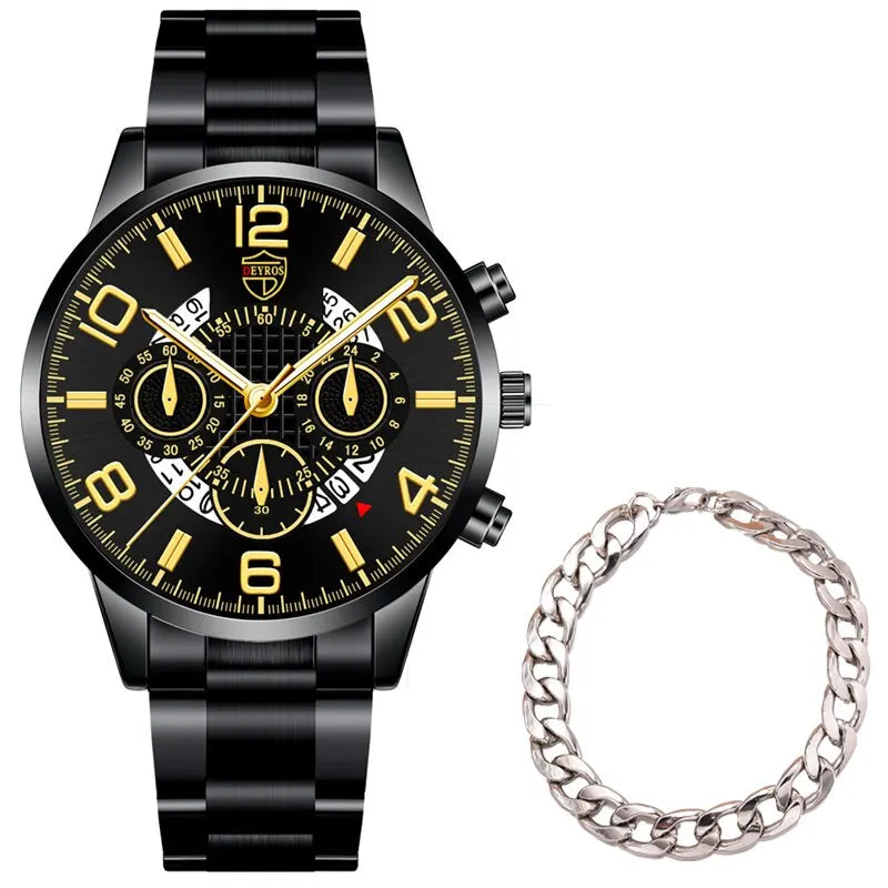 Conjunto de relojes de pulsera para hombre, 2 uds., deportivo de lujo, de cuarzo, de acero inoxidable y plateado, informal, de negocios