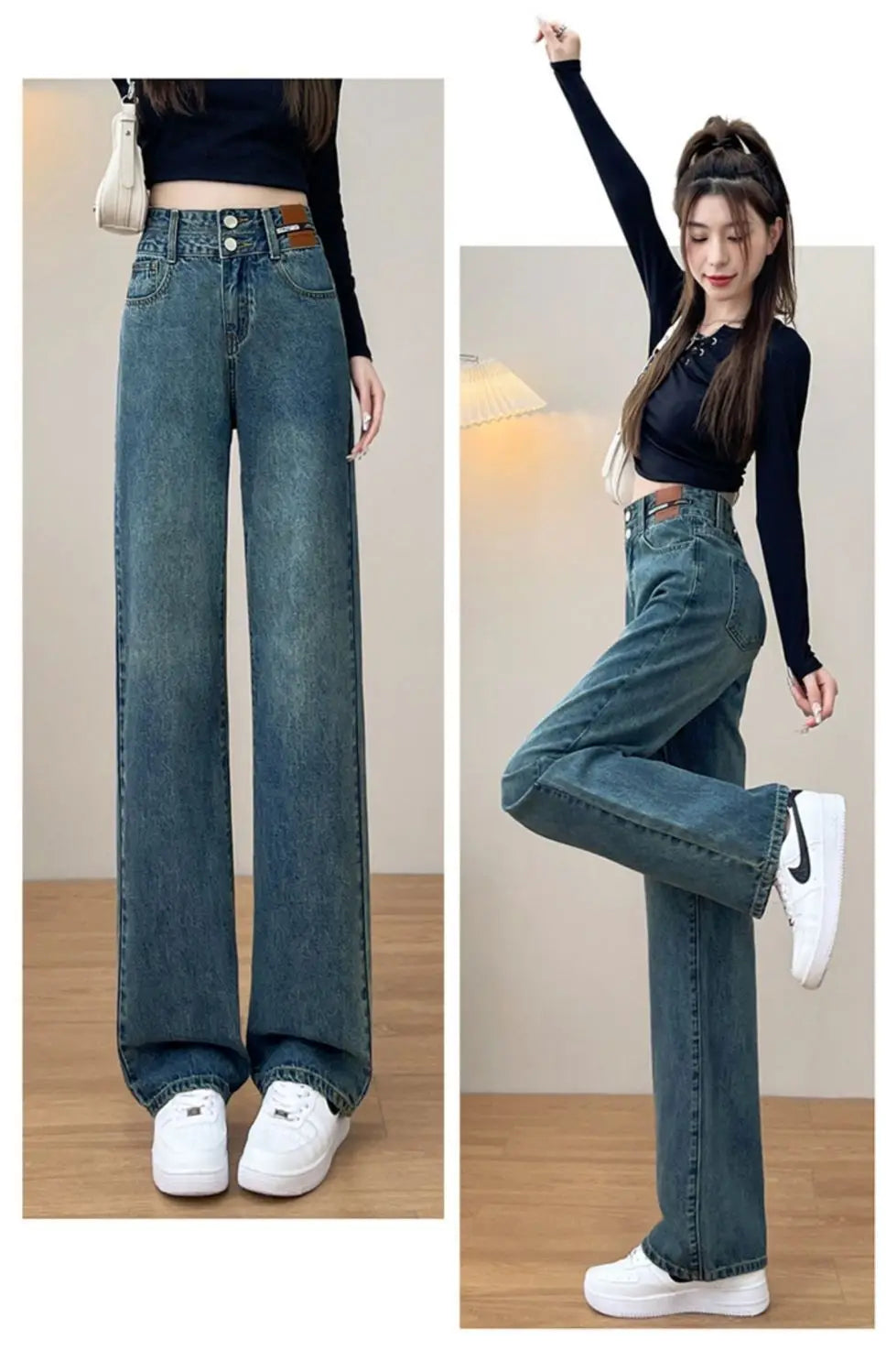 Pantalones vaqueros holgados Vintage para mujer, pantalon a la moda lisos de cintura alta