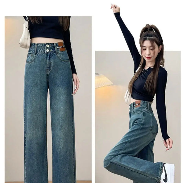 Pantalones vaqueros holgados Vintage para mujer, pantalon a la moda lisos de cintura alta