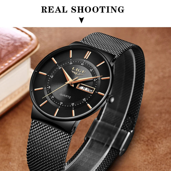 Reloj de lujo para hombre, reloj de fecha ultrafino resistente al agua, correa de acero, reloj de cuarzo informal