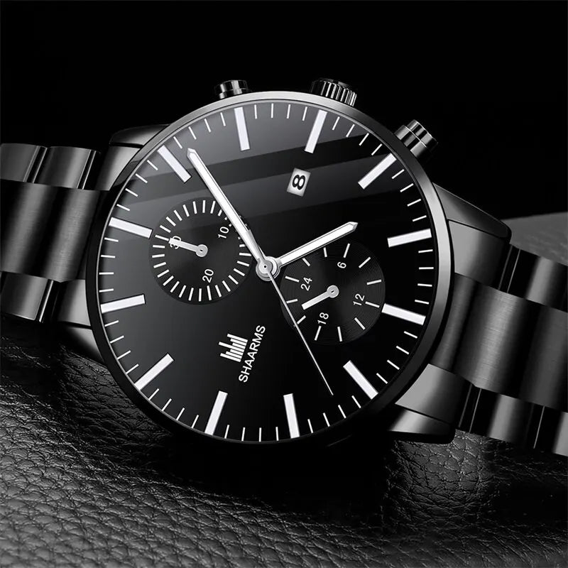 Reloj de cuarzo de negocios para hombre, cronógrafo con correa de acero inoxidable, tres ojos falsos, seis Pines, calendario