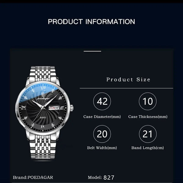 Reloj de lujo para hombre, reloj de pulsera de cuarzo resistente al agua con fecha luminosa y semana, reloj deportivo de moda de acero inoxidable para hombre