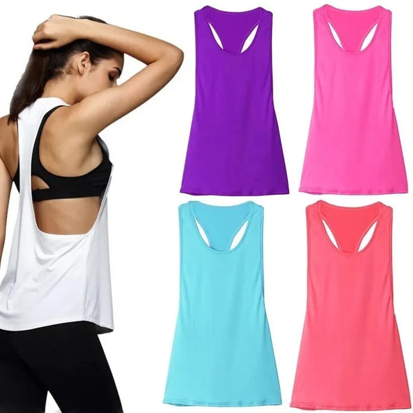 Camiseta deportiva nueva para mujer, camiseta sin mangas deportiva para Fitness, parte trasera en forma de T, camiseta sin mangas ajustada de secado rápido para hacer deporte