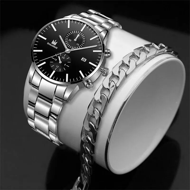 Reloj de cuarzo de negocios para hombre, cronógrafo con correa de acero inoxidable, tres ojos falsos, seis Pines, calendario