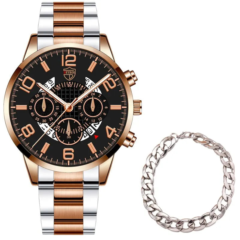 Conjunto de relojes de pulsera para hombre, 2 uds., deportivo de lujo, de cuarzo, de acero inoxidable y plateado, informal, de negocios