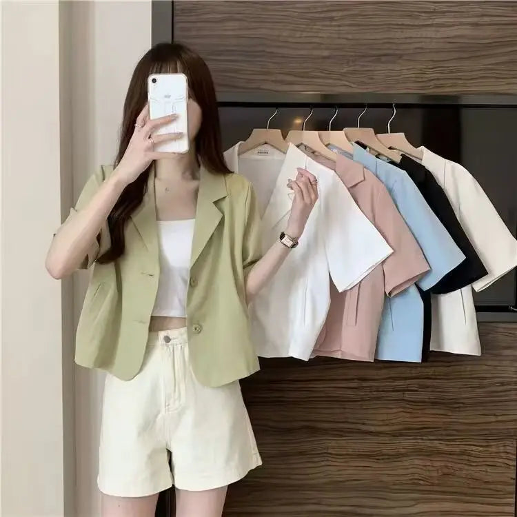 Chaqueta de traje de manga corta para mujer, Tops informales finos de nicho francés de verano 2025