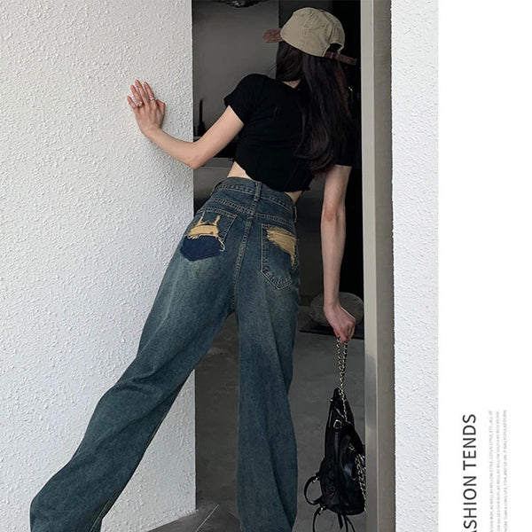 Pantalones vaqueros de pierna ancha para mujer, pantalón de pierna recta contrastante de cintura alta, pantalones sueltos de otoño para mujer, ropa de calle
