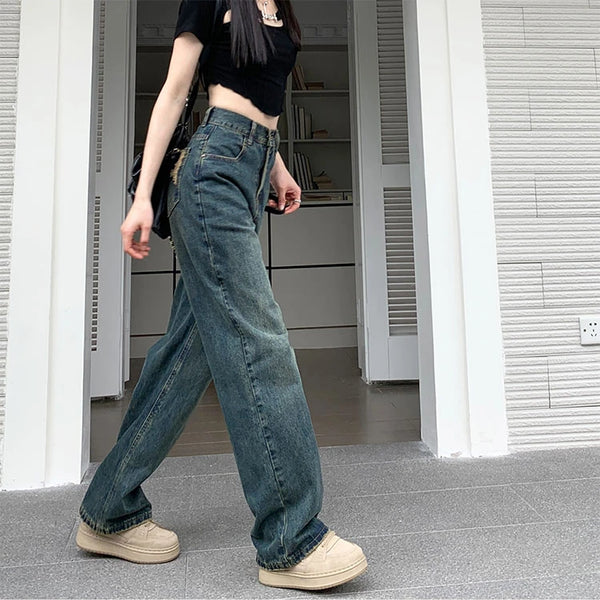 Pantalones vaqueros de pierna ancha para mujer, pantalón de pierna recta contrastante de cintura alta, pantalones sueltos de otoño para mujer, ropa de calle