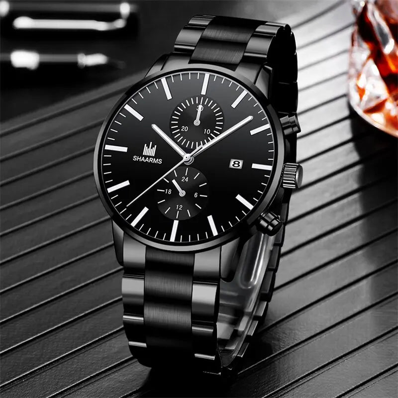 Reloj de cuarzo de negocios para hombre, cronógrafo con correa de acero inoxidable, tres ojos falsos, seis Pines, calendario