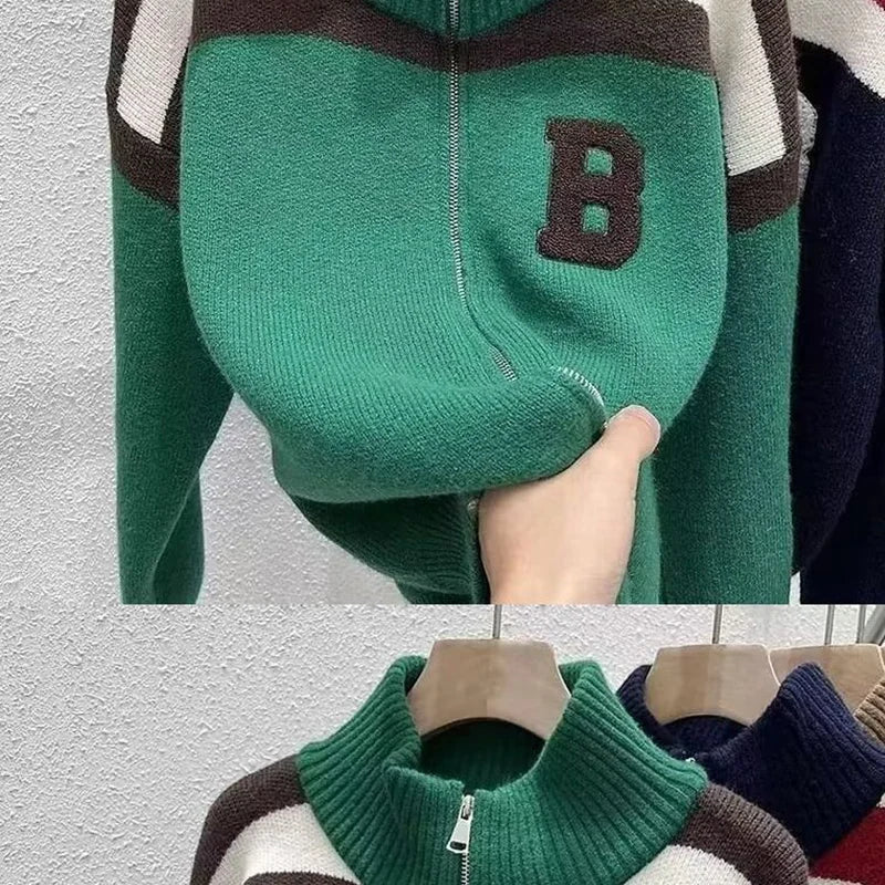 Cárdigan tejido con cuello de media altura y cremallera, suéter de retazos con letras, abrigo para hombre y mujer, Tops de moda de nueva tendencia para Otoño e Invierno
