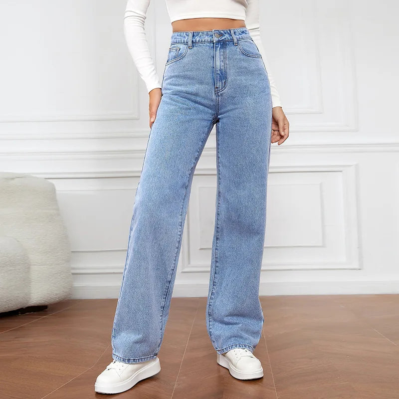 Pantalon jean retro a la moda para mujer, pantalones rectos holgados de calle alta, pantalones ajustados todo en uno de cintura alta