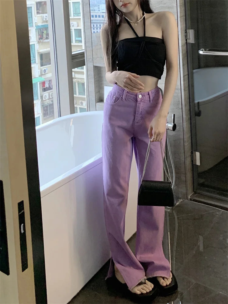 Pantalon Jean de tendencia para mujer, Pantalones vaqueros rasgados con hendidura casuales sueltos de pierna recta de cintura alta