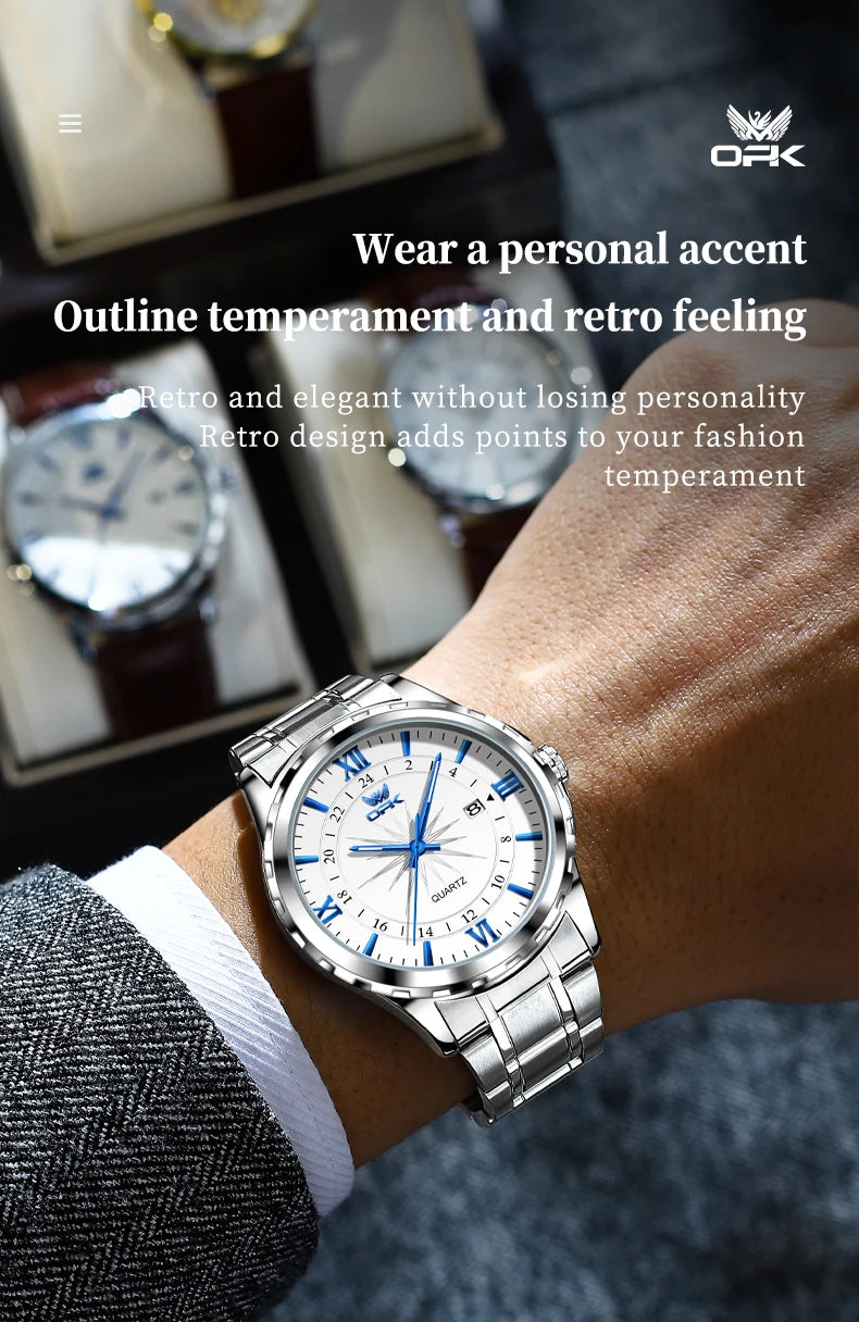Reloj de cuarzo para hombre con doble calendario y correa de acero marca OPK