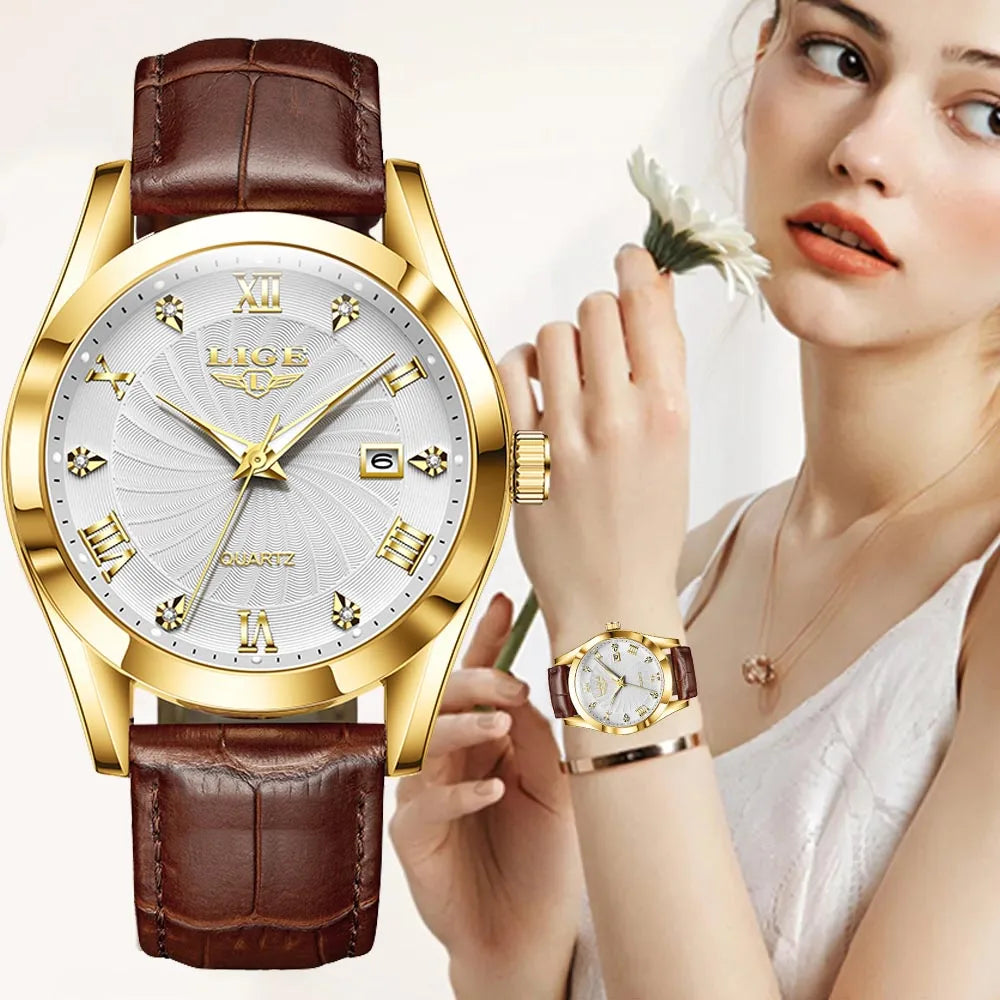 Reloj LIGE para Mujer, reloj de cuero de moda resistentes al agua para Mujer, Reloj de pulsera de lujo de marca