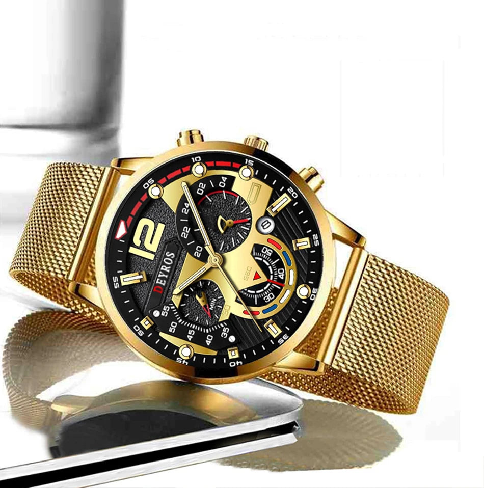 Relojes de negocios a la moda para hombre, reloj de pulsera de cuarzo con correa de malla de acero inoxidable de lujo, reloj luminoso