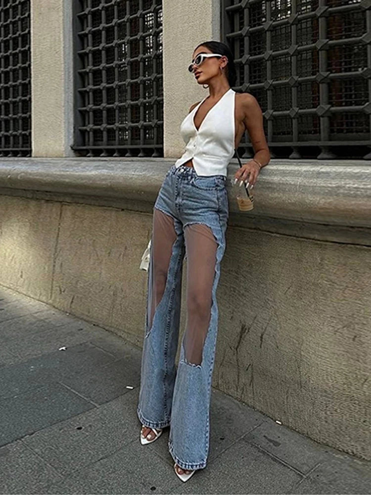 Pantalon vaquero de diseñador para mujer, pantalones vaqueros con paneles hasta la rodilla de malla transparente, pantalones de calle de cintura alta desgastados estilo Hip Hop