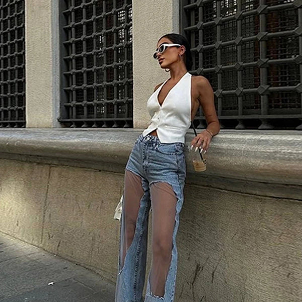 Pantalon vaquero de diseñador para mujer, pantalones vaqueros con paneles hasta la rodilla de malla transparente, pantalones de calle de cintura alta desgastados estilo Hip Hop