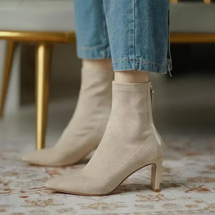 Botas de tacón alto para mujer 2025, estilo coreano de otoño e invierno, tacón medio, botas ajustadas y delgadas, punta en punta, botas tipo calcetín para mujer.