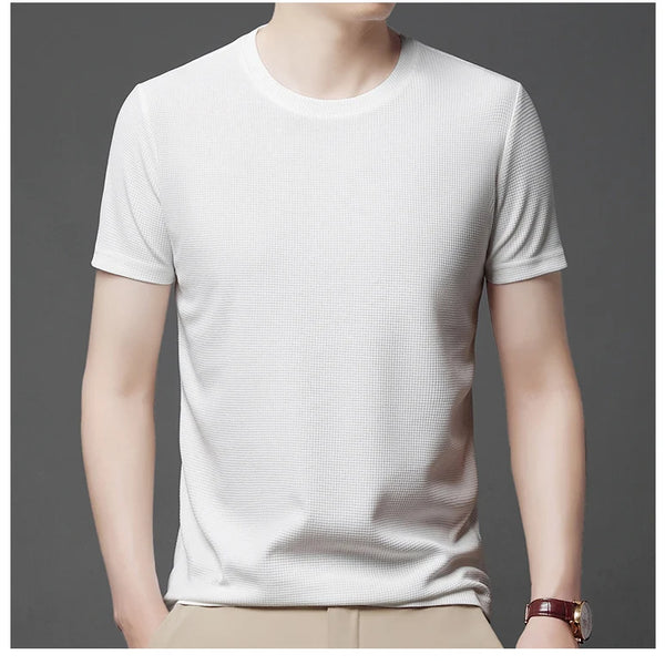 Nueva camiseta de manga corta con cuello redondo y gofres de verano para hombre, Top de manga corta