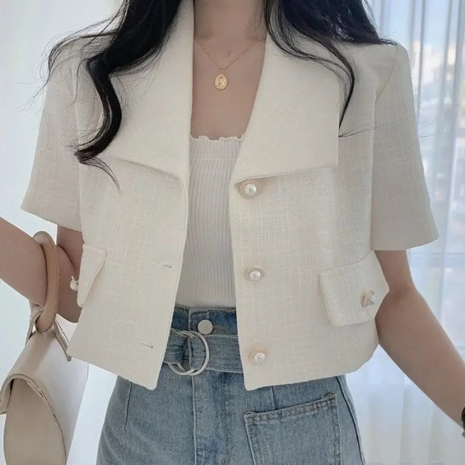 Chaqueta corta de estilo de fragancia para mujer, abrigo informal holgado de manga corta de fibra de poliéster, versión coreana, novedad de verano