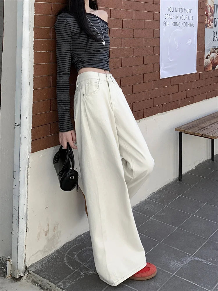 Pantalones vaqueros holgados blancos para mujer, nueva moda coreana informal Y2k, pantalones vaqueros holgados de cintura