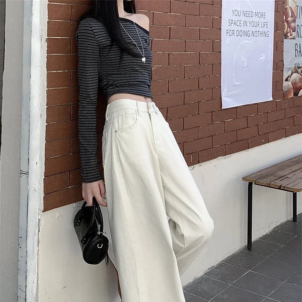 Pantalones vaqueros holgados blancos para mujer, nueva moda coreana informal Y2k, pantalones vaqueros holgados de cintura