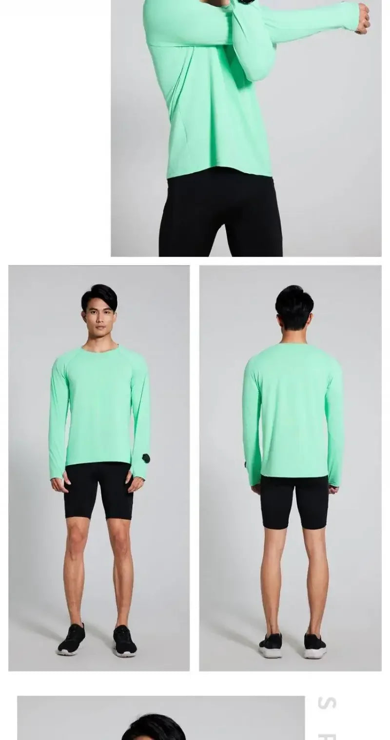 Camiseta para correr maratón para hombre, camiseta de manga larga Anti-UV de secado rápido para entrenamiento, traje de entrenamiento físico con agujero para el pulgar, puño antiestático