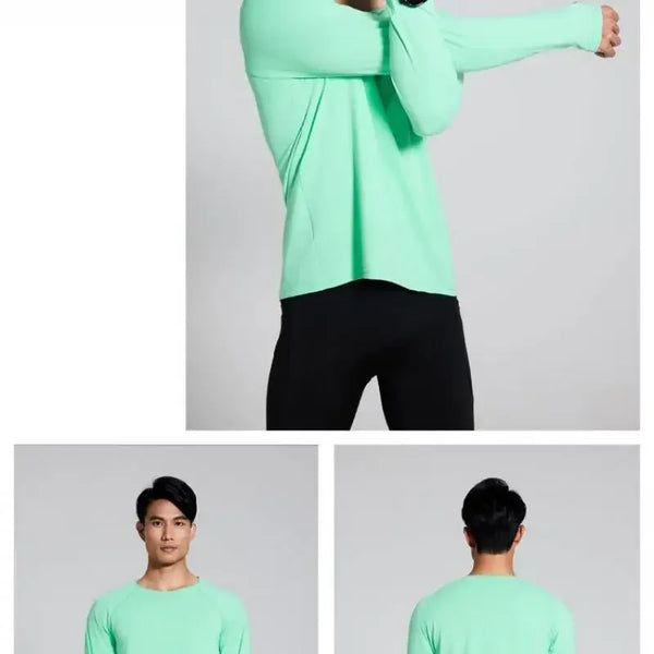 Camiseta para correr maratón para hombre, camiseta de manga larga Anti-UV de secado rápido para entrenamiento, traje de entrenamiento físico con agujero para el pulgar, puño antiestático