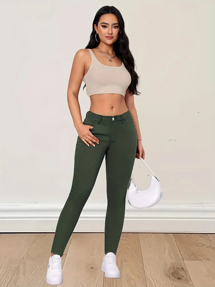 Pantalon vaquero elástico de moda verde militar, pantalon Jean que realza tu figura