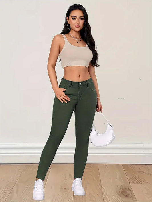 Pantalon vaquero elástico de moda verde militar, pantalon Jean que realza tu figura