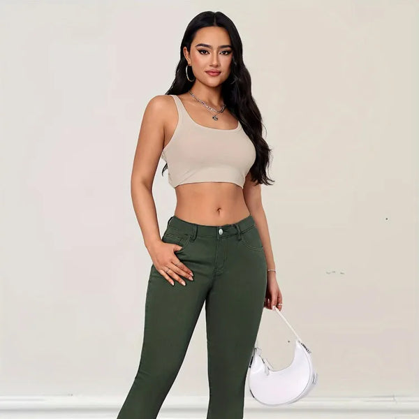 Pantalon vaquero elástico de moda verde militar, pantalon Jean que realza tu figura